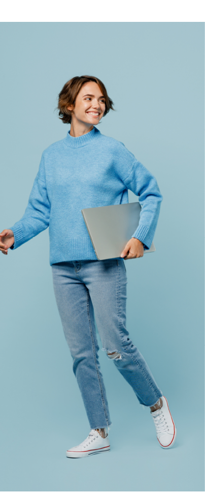 Full body smart young IT woman wearing knitted sweater hold closed laptop pc computer look aside on workspace area isolated on plain pastel light blue cyan background studio  People lifestyle concept