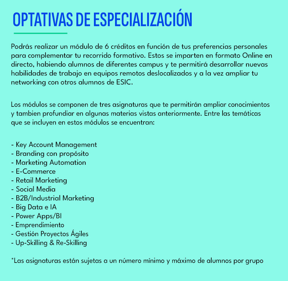 OPTATIVAS DE ESPECIALIZACI N ,Podr s realizar un m dulo de 6 cr ditos en funci n de tus preferencias personales para ...