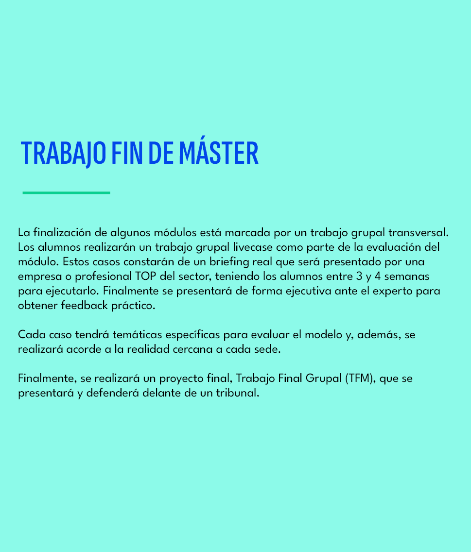 TRABAJO FIN DE M STER,La finalizaci n de algunos m dulos est marcada por un trabajo grupal transversal. Los alumnos ...