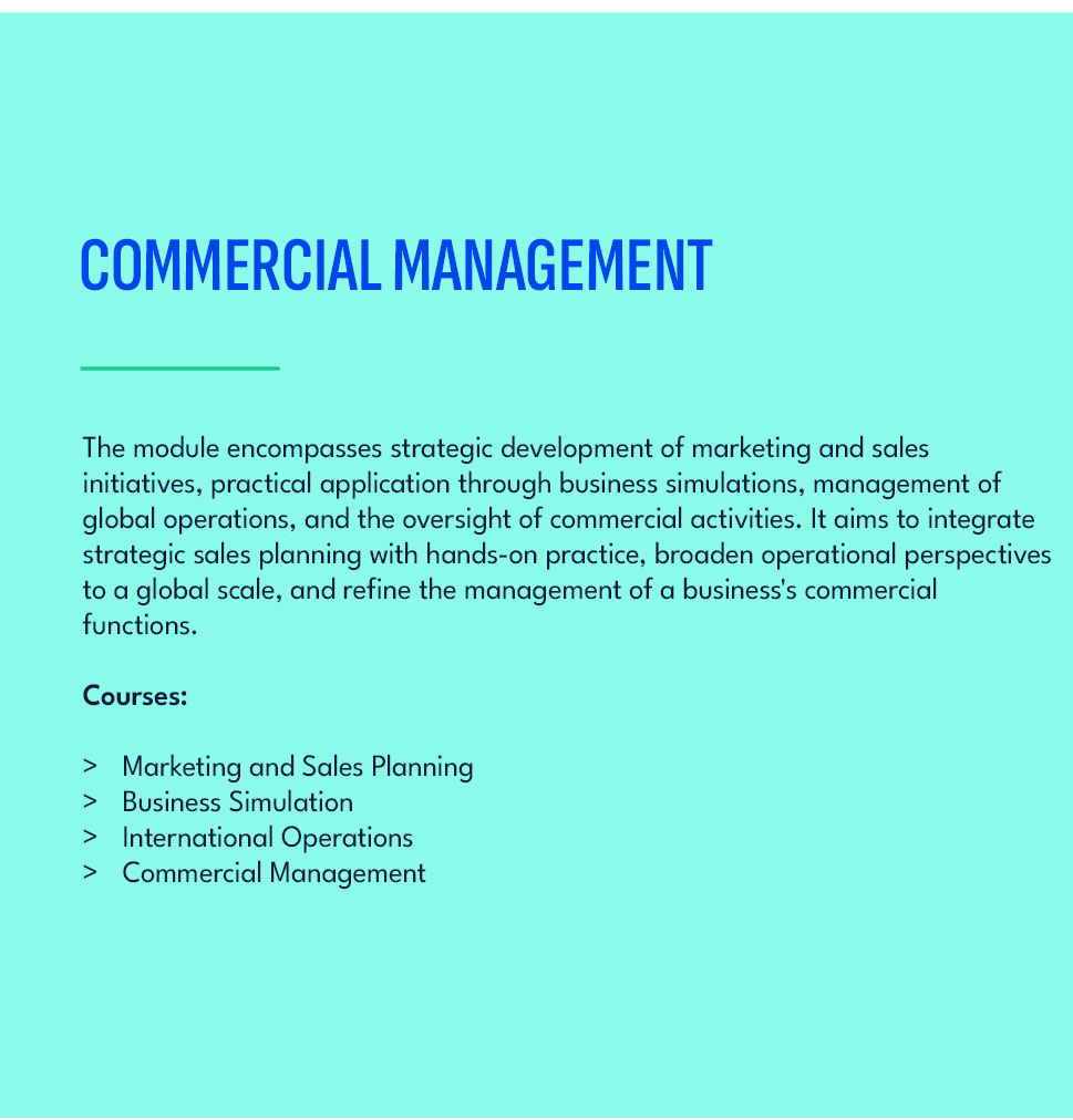 COMMERCIAL MANAGEMENT ,The module encompasses strategic development of marketing and sales initiatives, practical app...