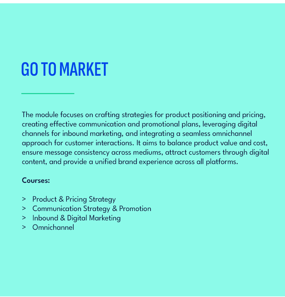 GO TO MARKET,The module focuses on crafting strategies for product positioning and pricing, creating effective commun...
