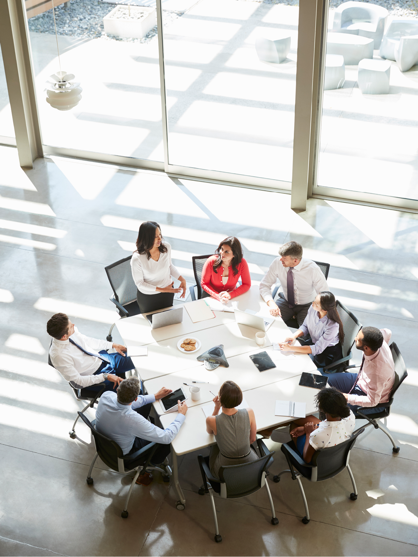 Businesswoman addressing meeting, elevated view, vertical