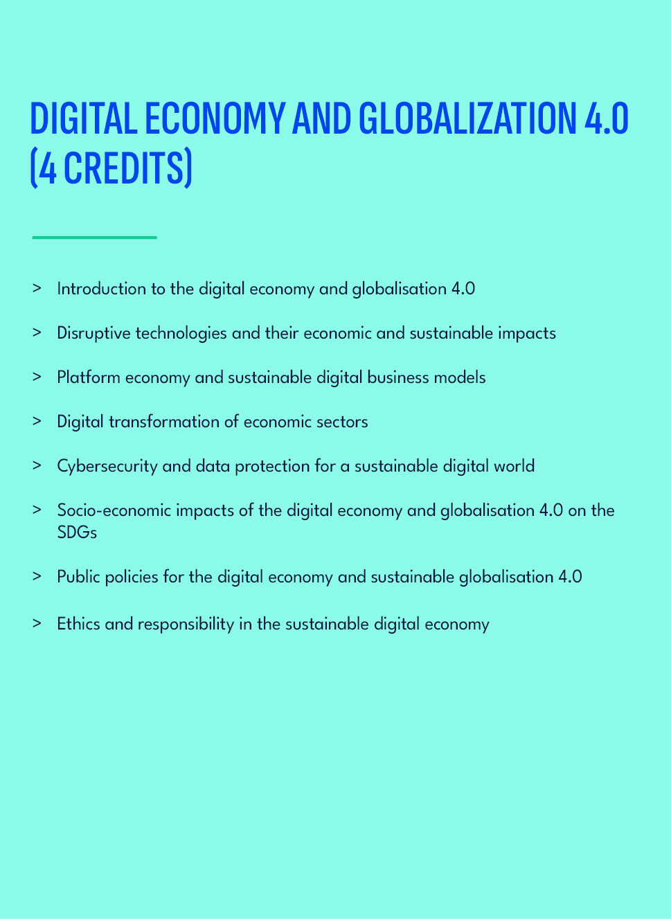 DIGITAL ECONOMY AND GLOBALIZATION 4.0 (4 credits),Introduction to the digital economy and globalisation 4.0 Disruptiv...