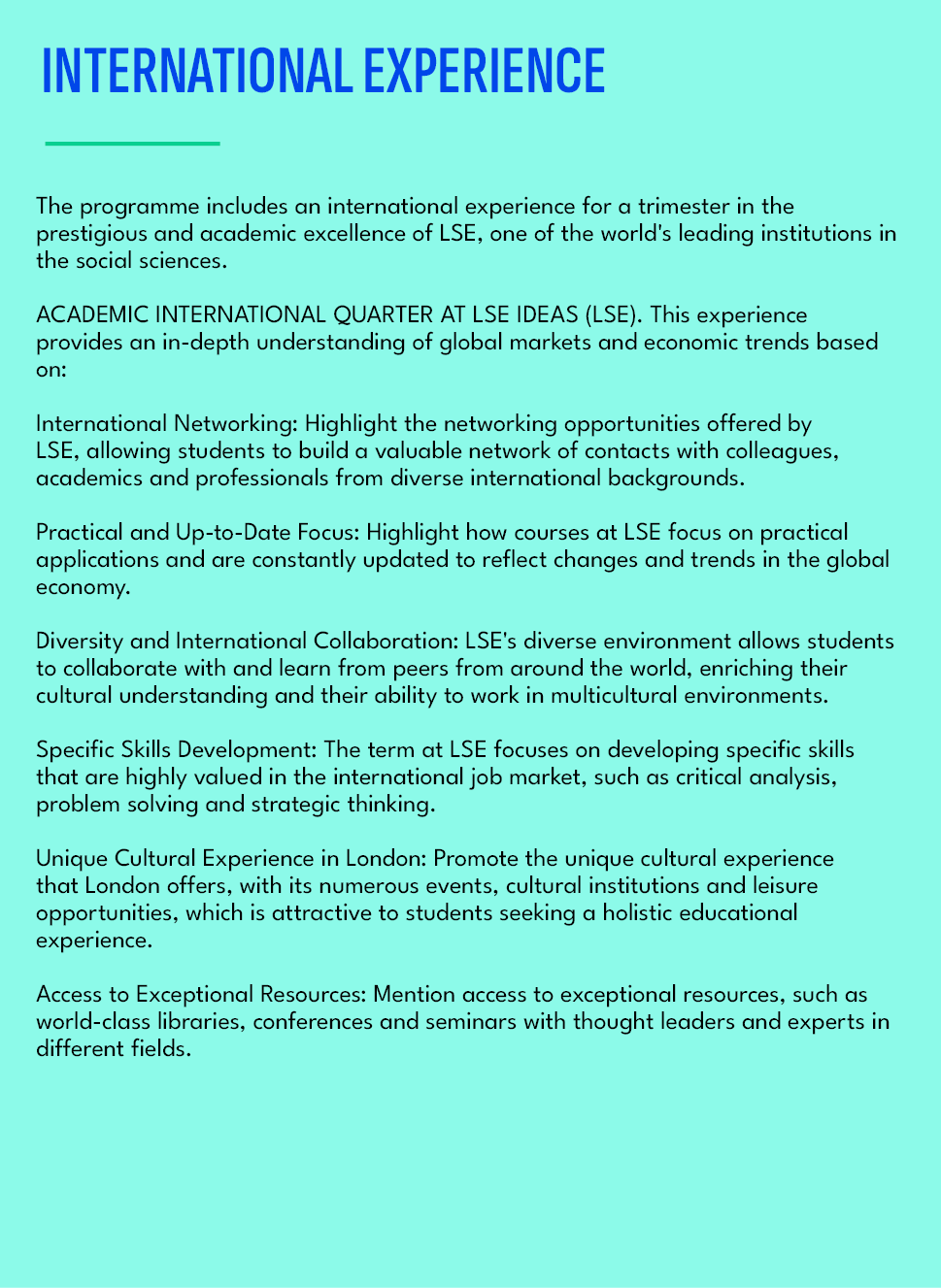 INTERNATIONAL EXPERIENCE ,The programme includes an international experience for a trimester in the prestigious and a...