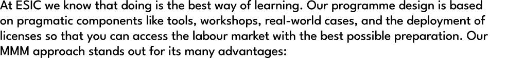 At ESIC we know that doing is the best way of learning. Our programme design is based on pragmatic components like to...