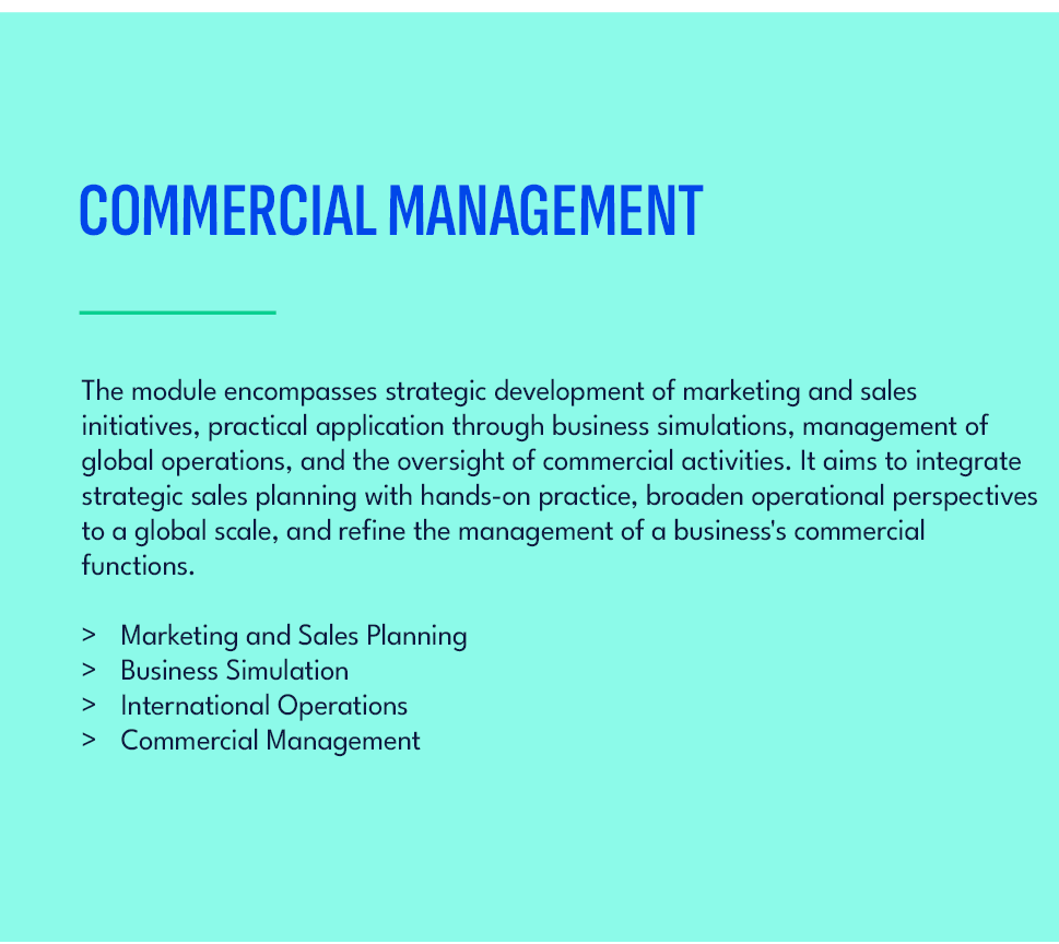 COMMERCIAL MANAGEMENT ,The module encompasses strategic development of marketing and sales initiatives, practical app...